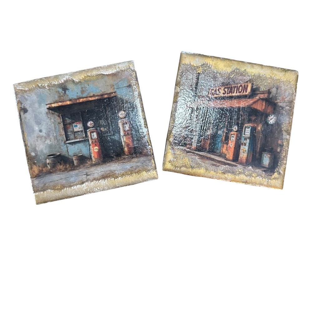 Handcrafted Vintage Gas Station coaster set